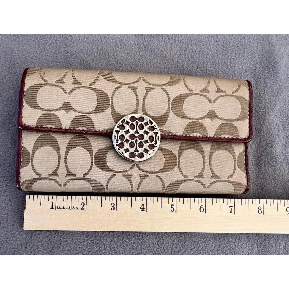 Coach Alexandra Signature C Jacquard Wallet Tan Burgundy Long Snap Closure